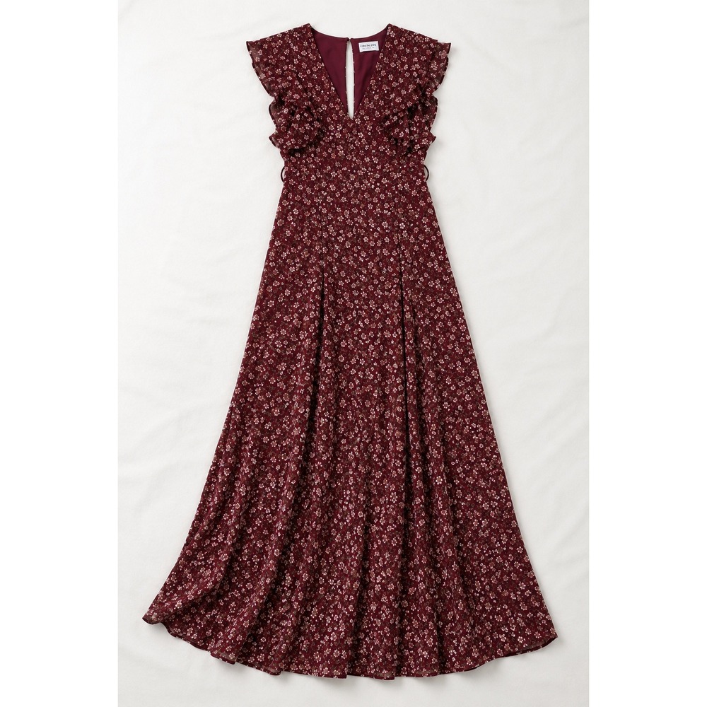 First Love Maxi Dress Women Small Burgundy Floral Ruffle V-Neck Open Back ID370